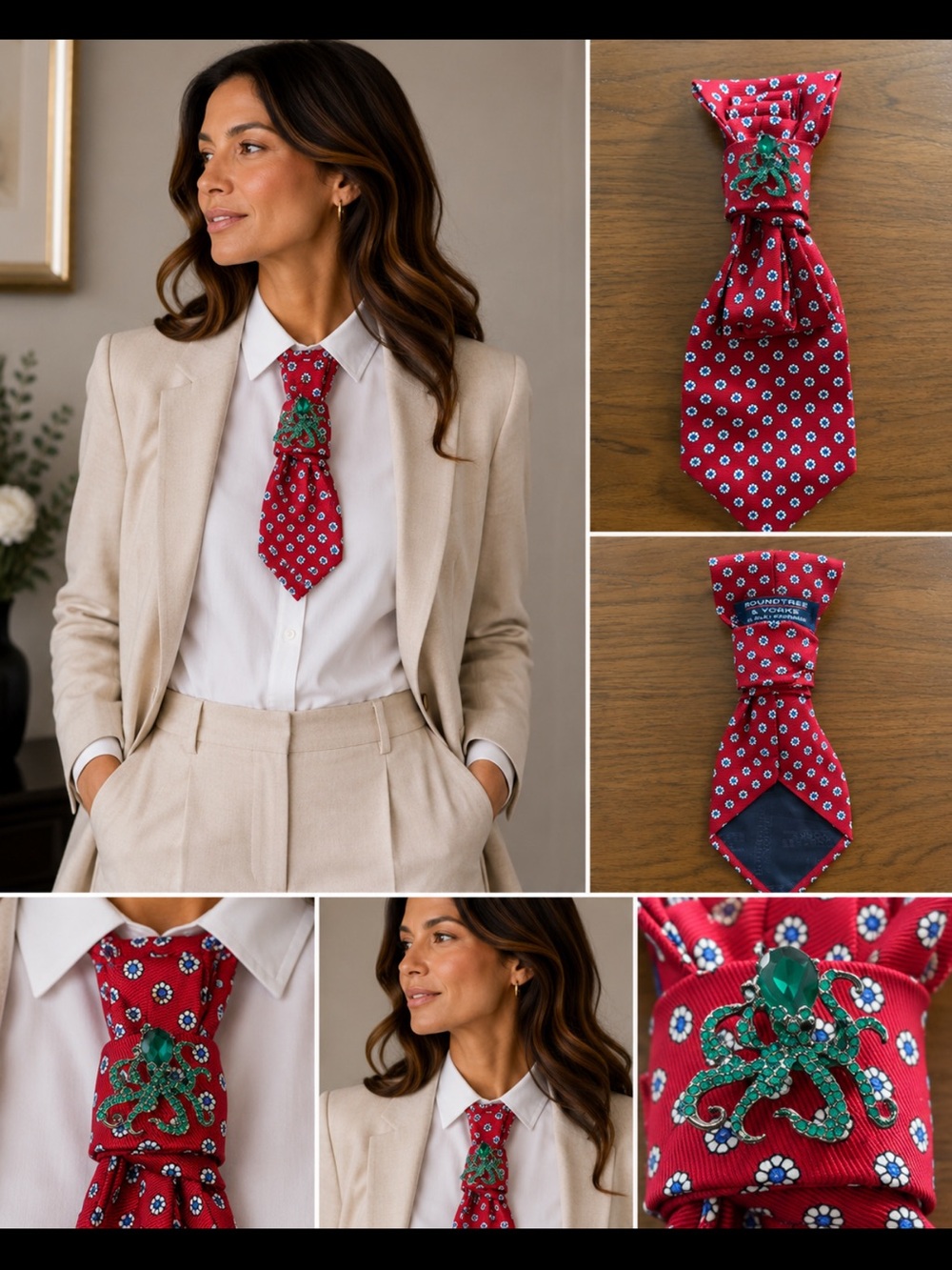 Roundtree & Yorke Red Floral Necktie with Green Crystal Brooch